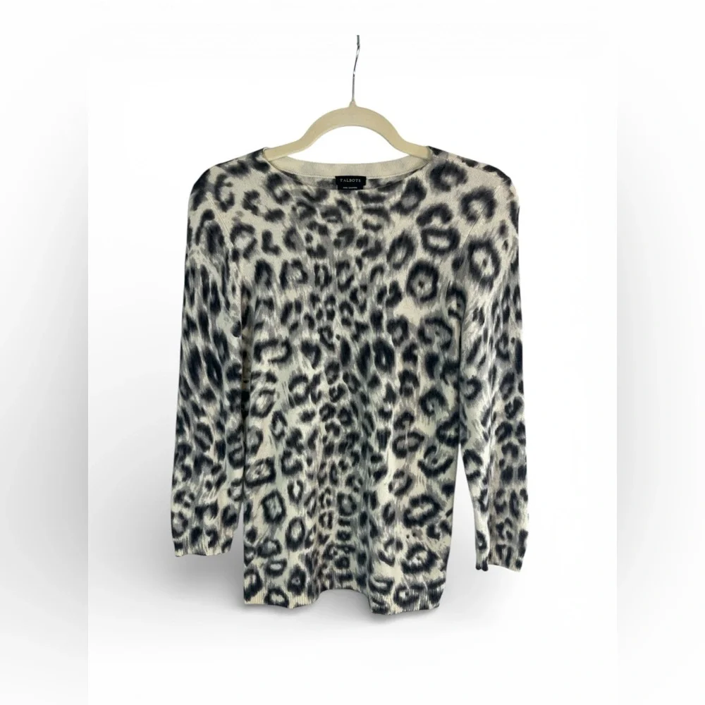 Talbots Pure Cashmere Leopard Print Sweater Size S Cream‎ Black Animal Print - Picture 2 of 6